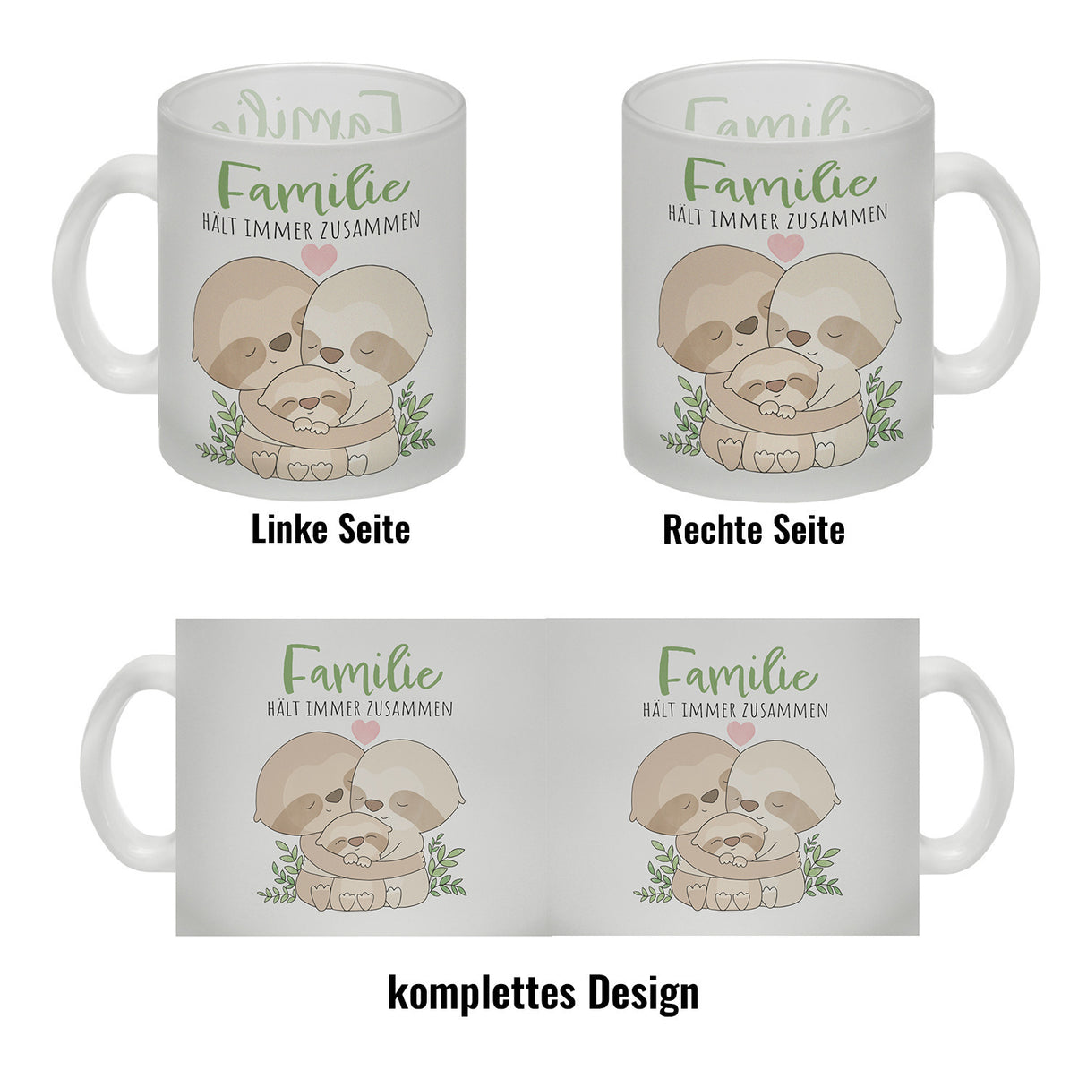 Faultier Familie Kaffeebecher mit Spruch Familie hält immer zusammen