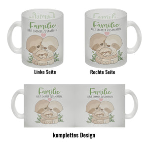 Faultier Familie Kaffeebecher mit Spruch Familie hält immer zusammen