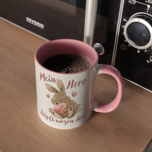 Hase Kaffeebecher mit Spruch Mein Herz hüpft wegen dir