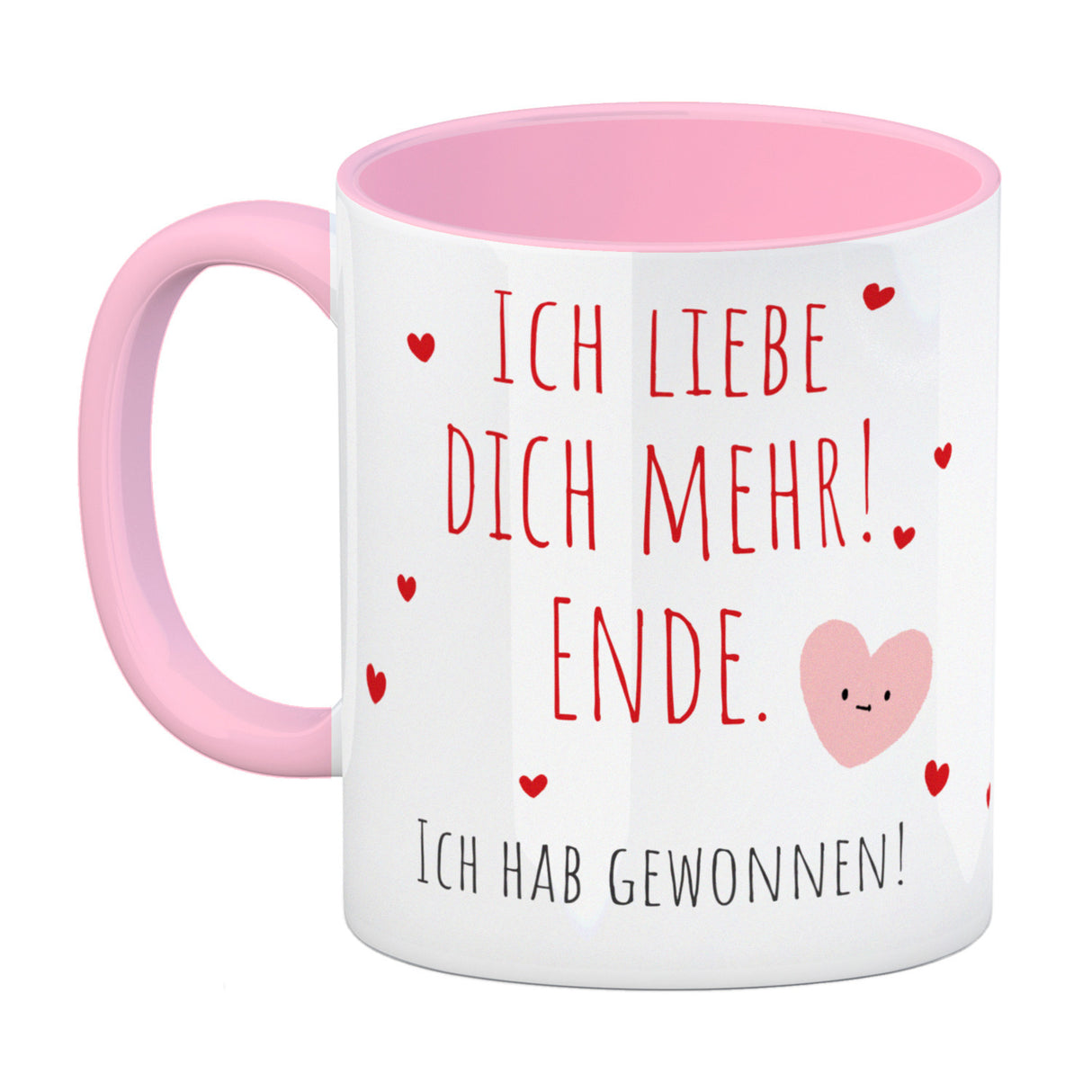 Herzen Kaffeebecher mit Spruch Ich liebe dich mehr! Ende.
