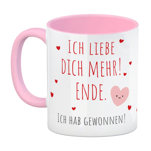 Herzen Kaffeebecher mit Spruch Ich liebe dich mehr! Ende.