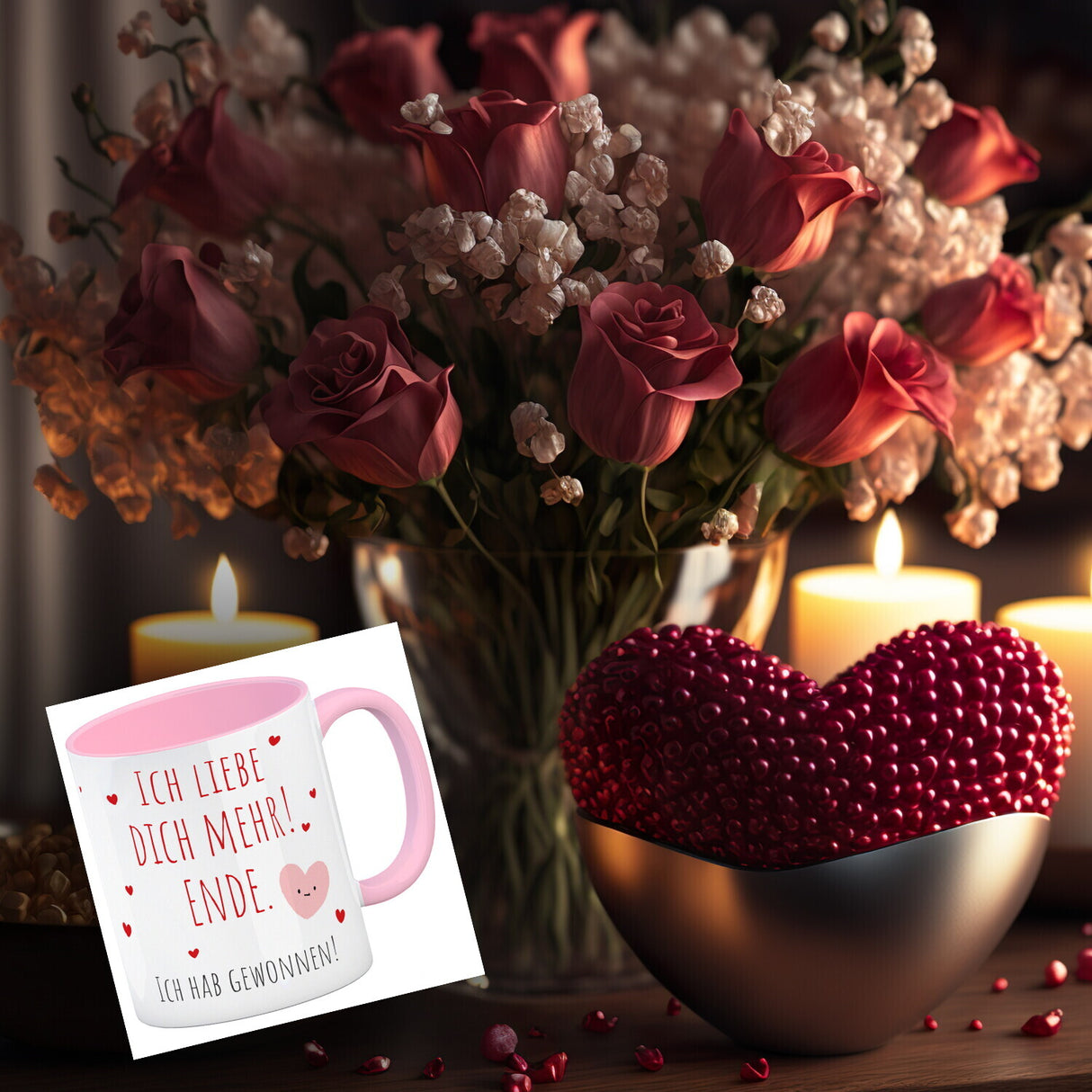 Herzen Kaffeebecher mit Spruch Ich liebe dich mehr! Ende.