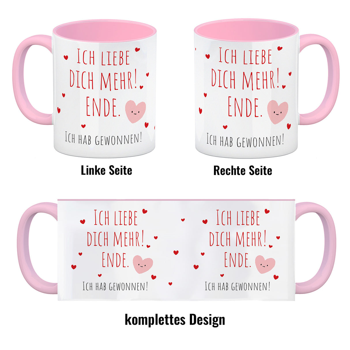Herzen Kaffeebecher mit Spruch Ich liebe dich mehr! Ende.
