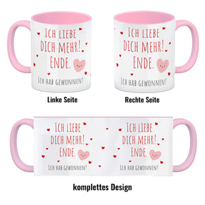Herzen Kaffeebecher mit Spruch Ich liebe dich mehr! Ende.