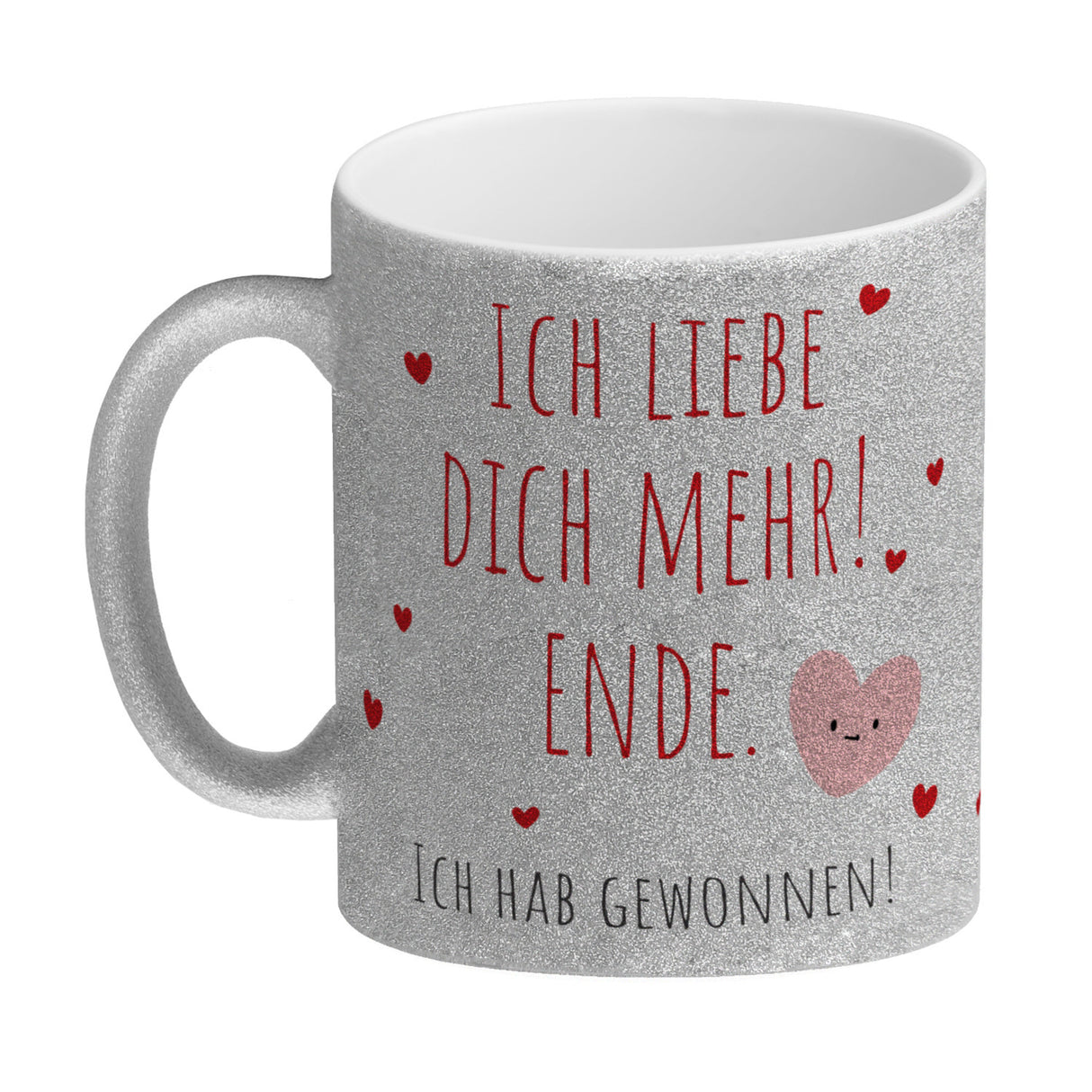 Herzen Kaffeebecher mit Spruch Ich liebe dich mehr! Ende.
