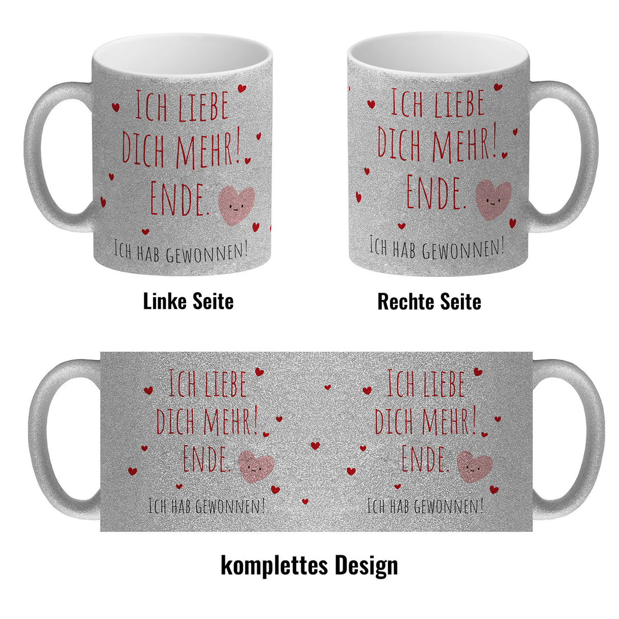 Herzen Kaffeebecher mit Spruch Ich liebe dich mehr! Ende.