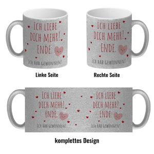 Herzen Kaffeebecher mit Spruch Ich liebe dich mehr! Ende.