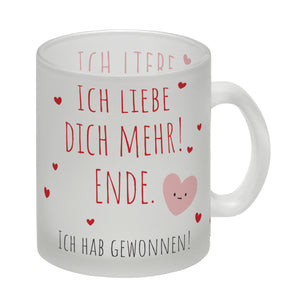 Herzen Kaffeebecher mit Spruch Ich liebe dich mehr! Ende.