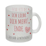 Herzen Kaffeebecher mit Spruch Ich liebe dich mehr! Ende.