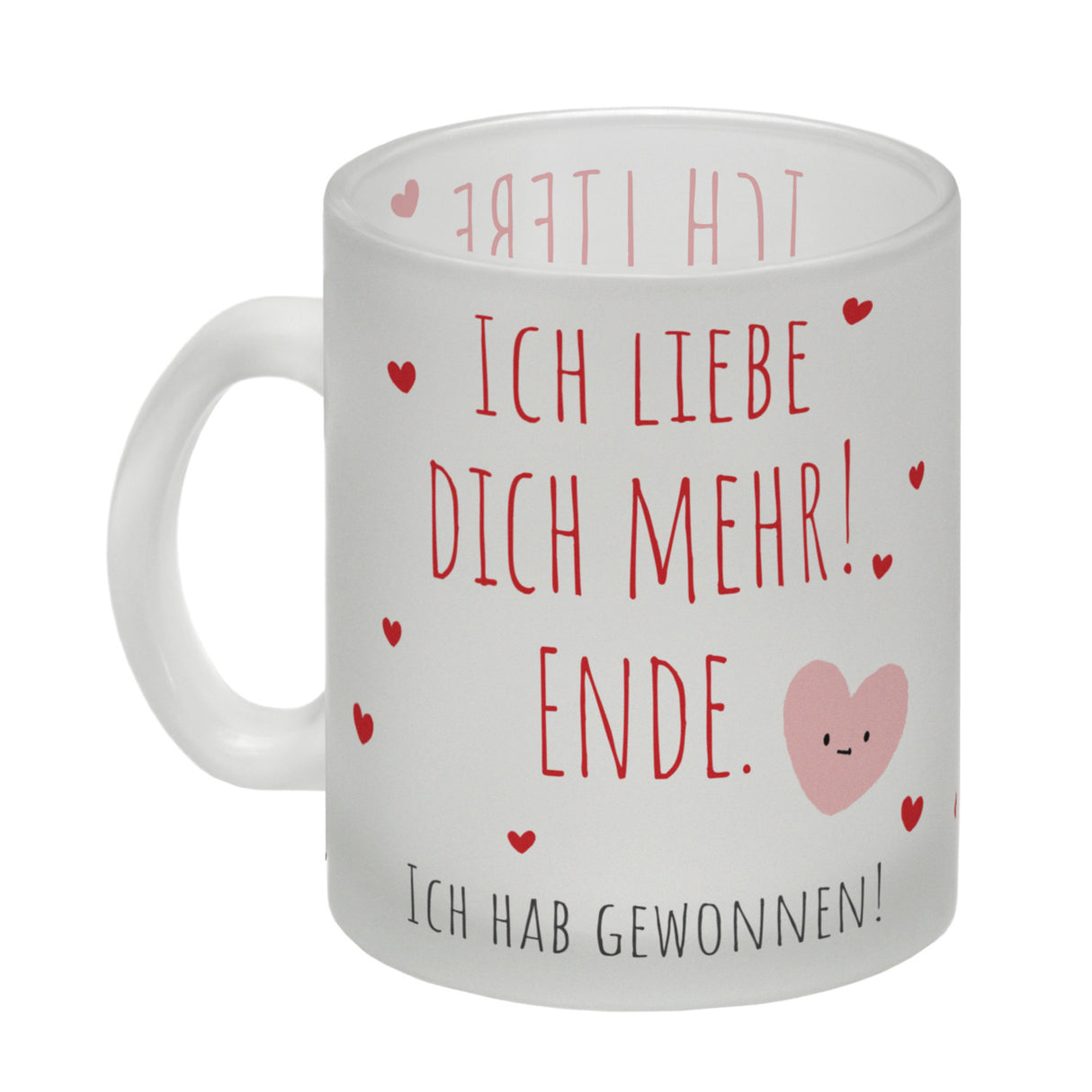 Herzen Kaffeebecher mit Spruch Ich liebe dich mehr! Ende.