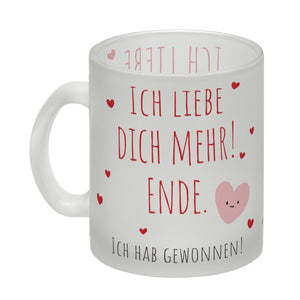 Herzen Kaffeebecher mit Spruch Ich liebe dich mehr! Ende.