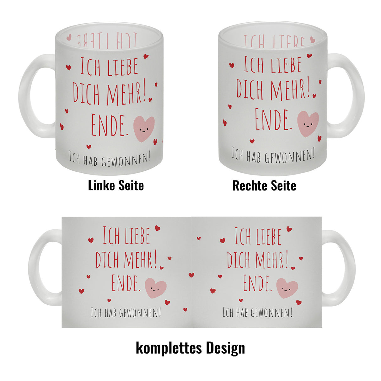 Herzen Kaffeebecher mit Spruch Ich liebe dich mehr! Ende.