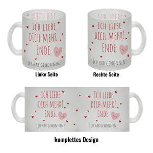 Herzen Kaffeebecher mit Spruch Ich liebe dich mehr! Ende.