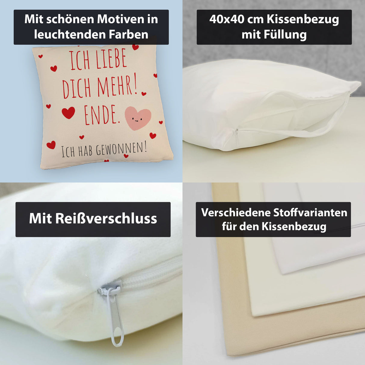 Herzen Kissen mit Spruch Ich liebe dich mehr! Ende.