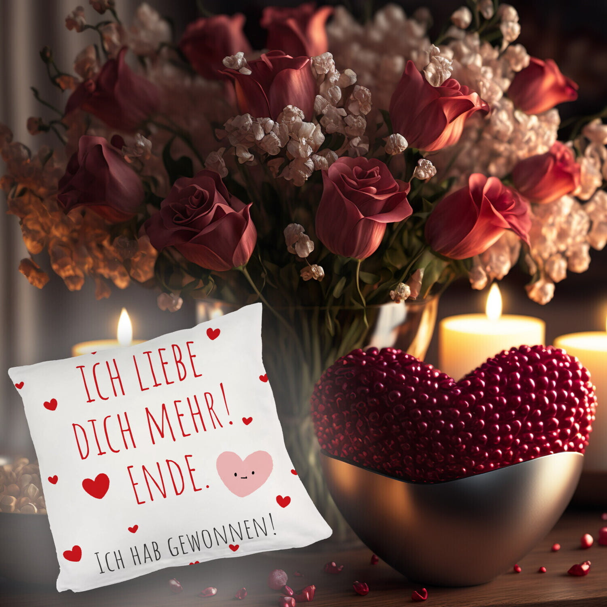 Herzen Kissen mit Spruch Ich liebe dich mehr! Ende.