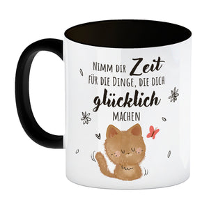 Katze Kaffeebecher mit Spruch Zeit für dein Glück nehmen