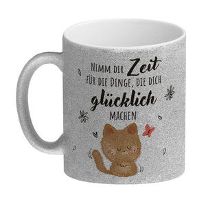 Katze Kaffeebecher mit Spruch Zeit für dein Glück nehmen
