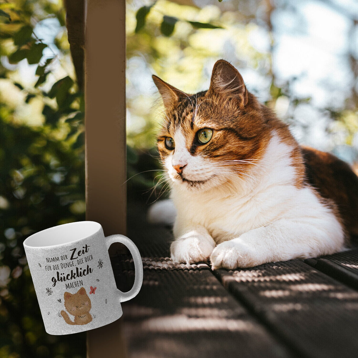 Katze Kaffeebecher mit Spruch Zeit für dein Glück nehmen