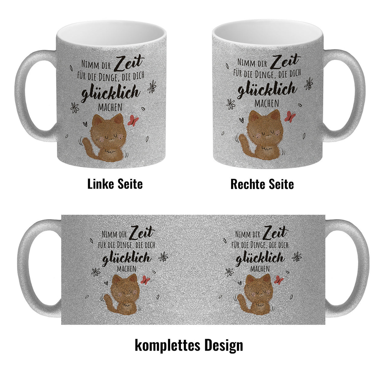 Katze Kaffeebecher mit Spruch Zeit für dein Glück nehmen