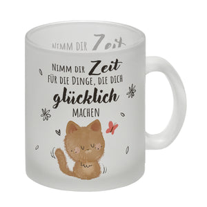 Katze Kaffeebecher mit Spruch Zeit für dein Glück nehmen