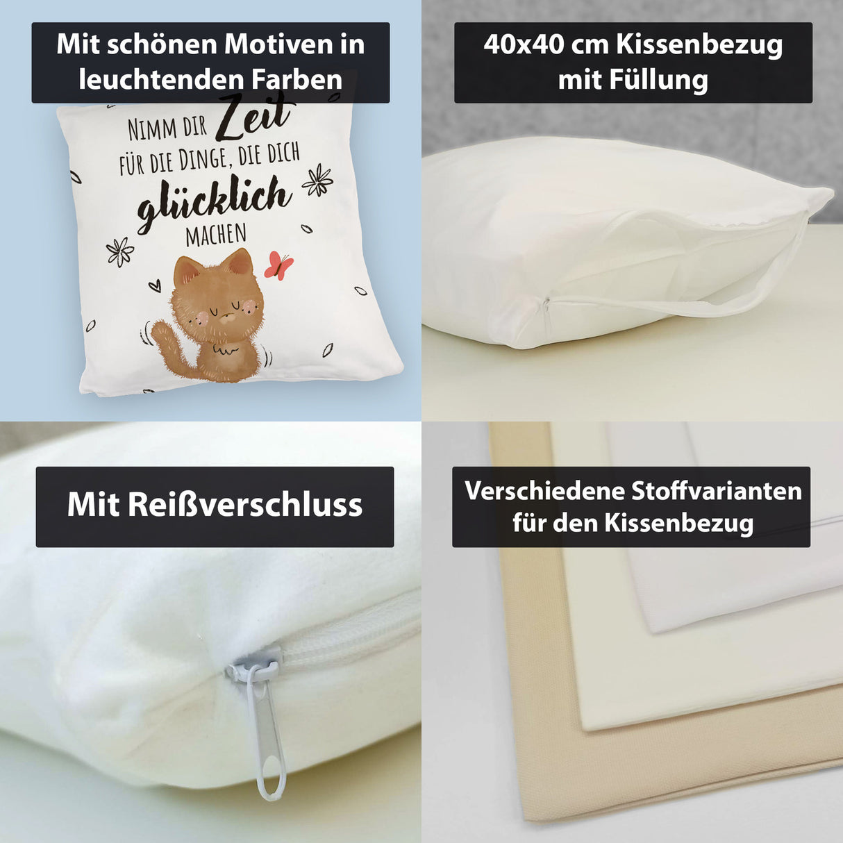 Katze Kissen mit Spruch Zeit für dein Glück nehmen