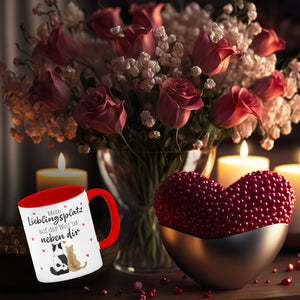 Katzenpaar Kaffeebecher mit Spruch Mein Lieblingsplatz ist bei dir