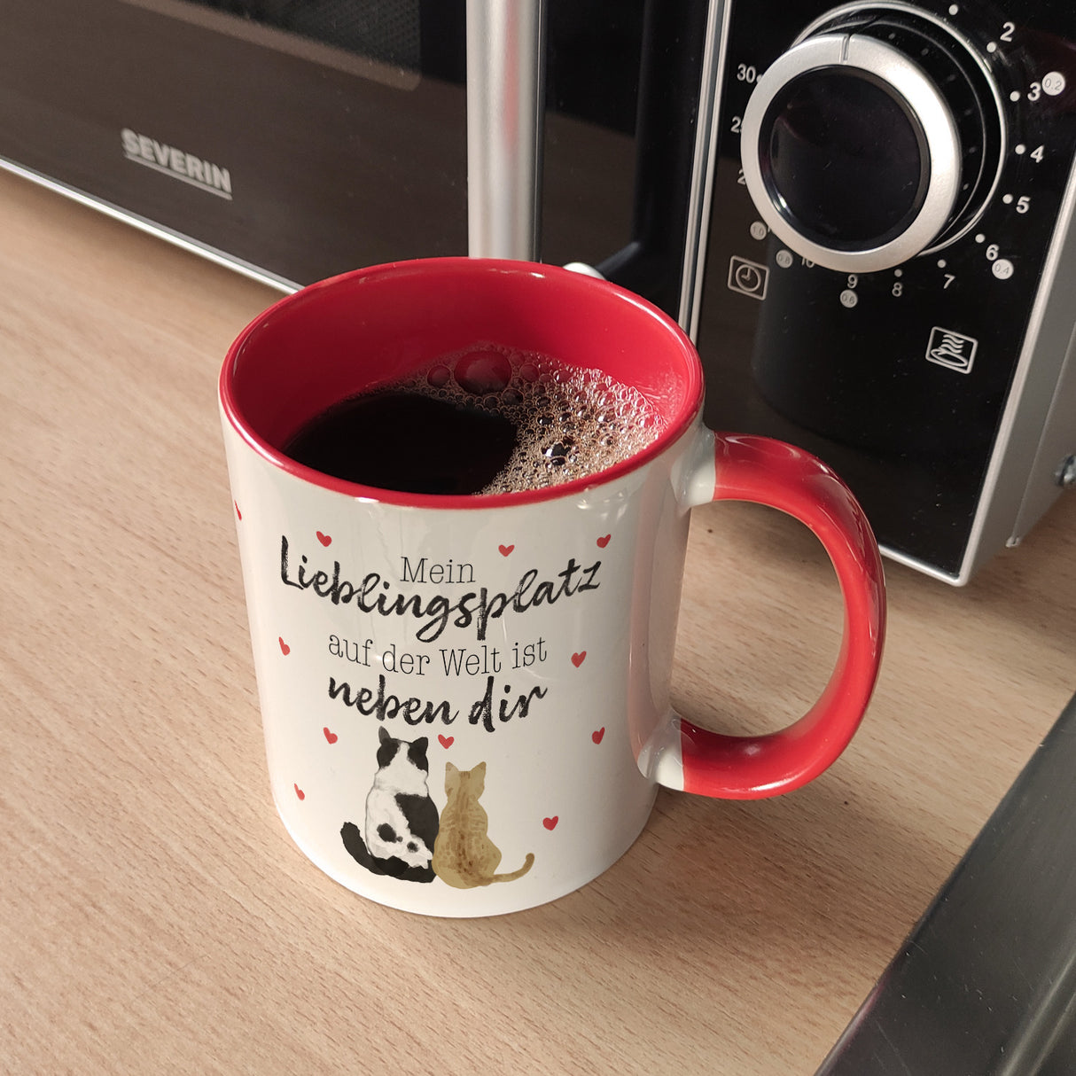 Katzenpaar Kaffeebecher mit Spruch Mein Lieblingsplatz ist bei dir