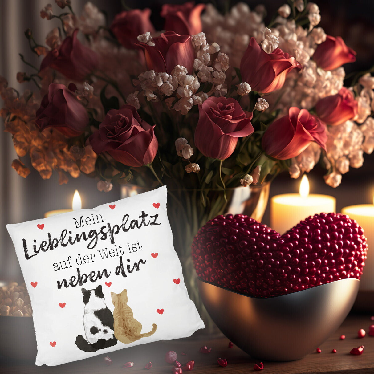 Katzenpaar Kissen mit Spruch Mein Lieblingsplatz ist bei dir