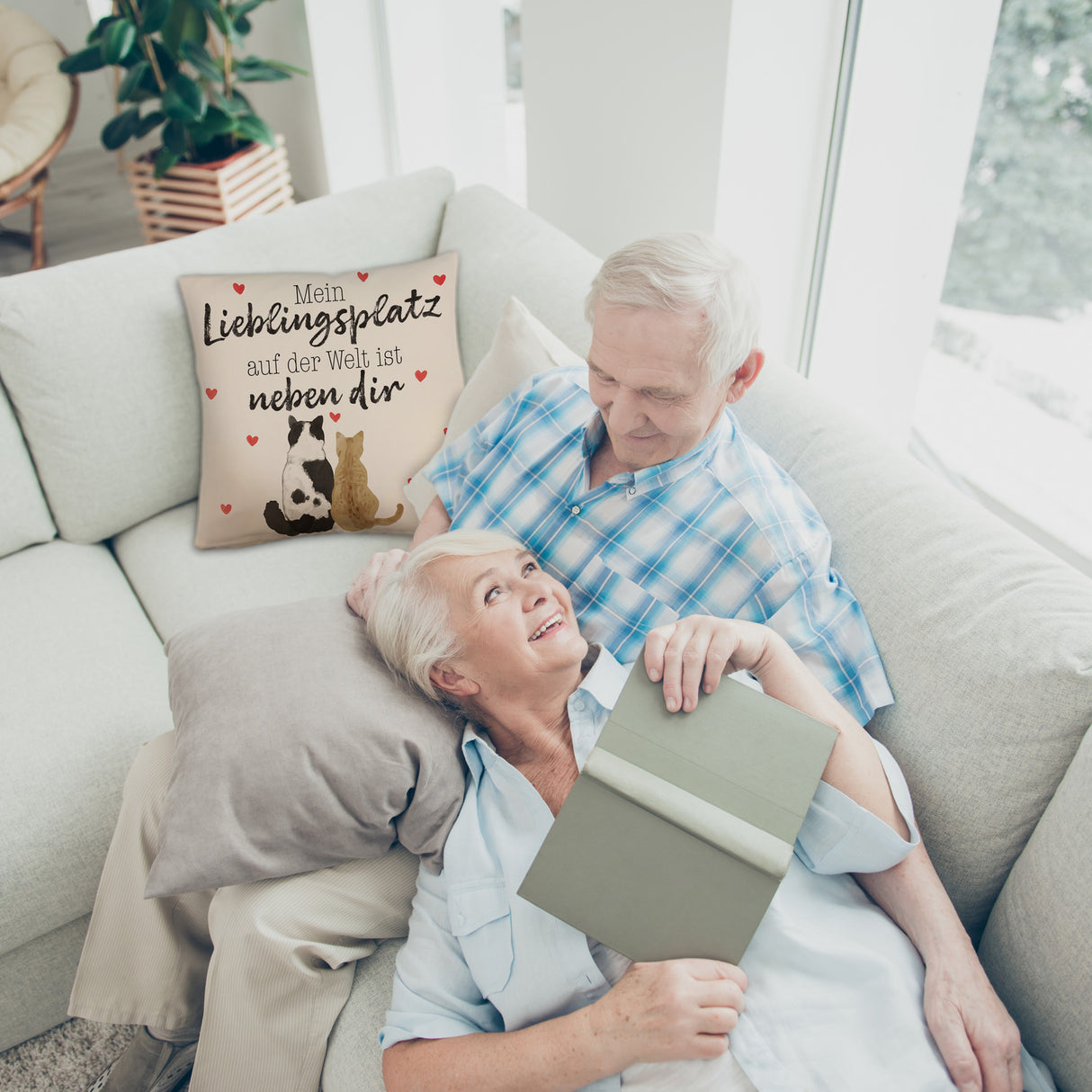 Katzenpaar Kissen mit Spruch Mein Lieblingsplatz ist bei dir