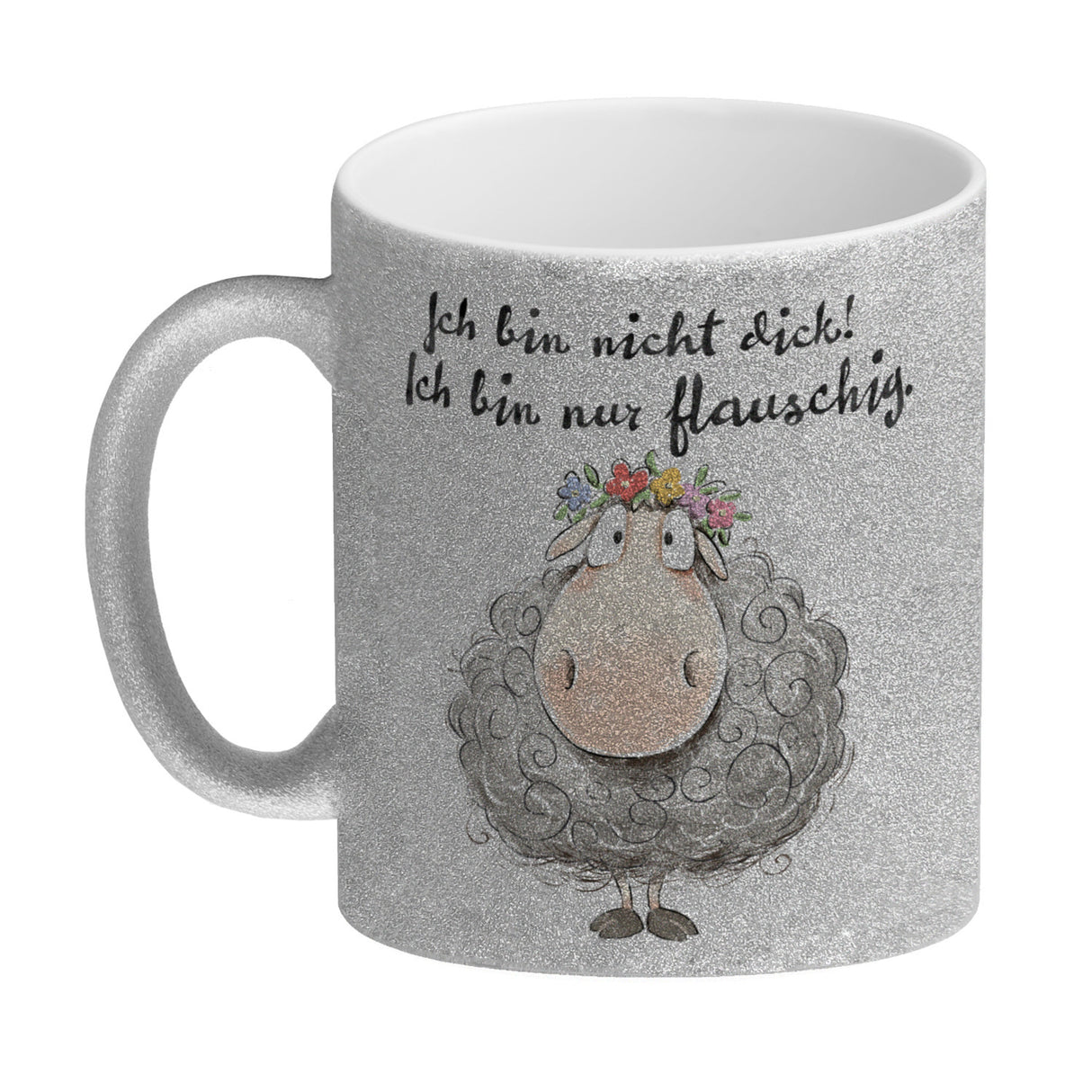 Schaf Kaffeebecher mit Spruch Nicht dick sondern flauschig