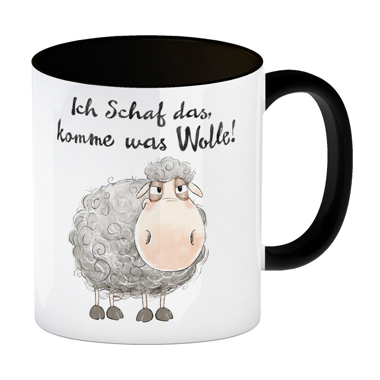 Schaf Kaffeebecher mit Spruch Ich Schaf das komme was Wolle