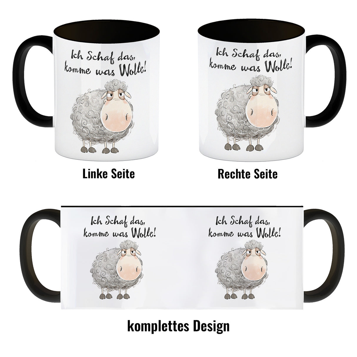 Schaf Kaffeebecher mit Spruch Ich Schaf das komme was Wolle
