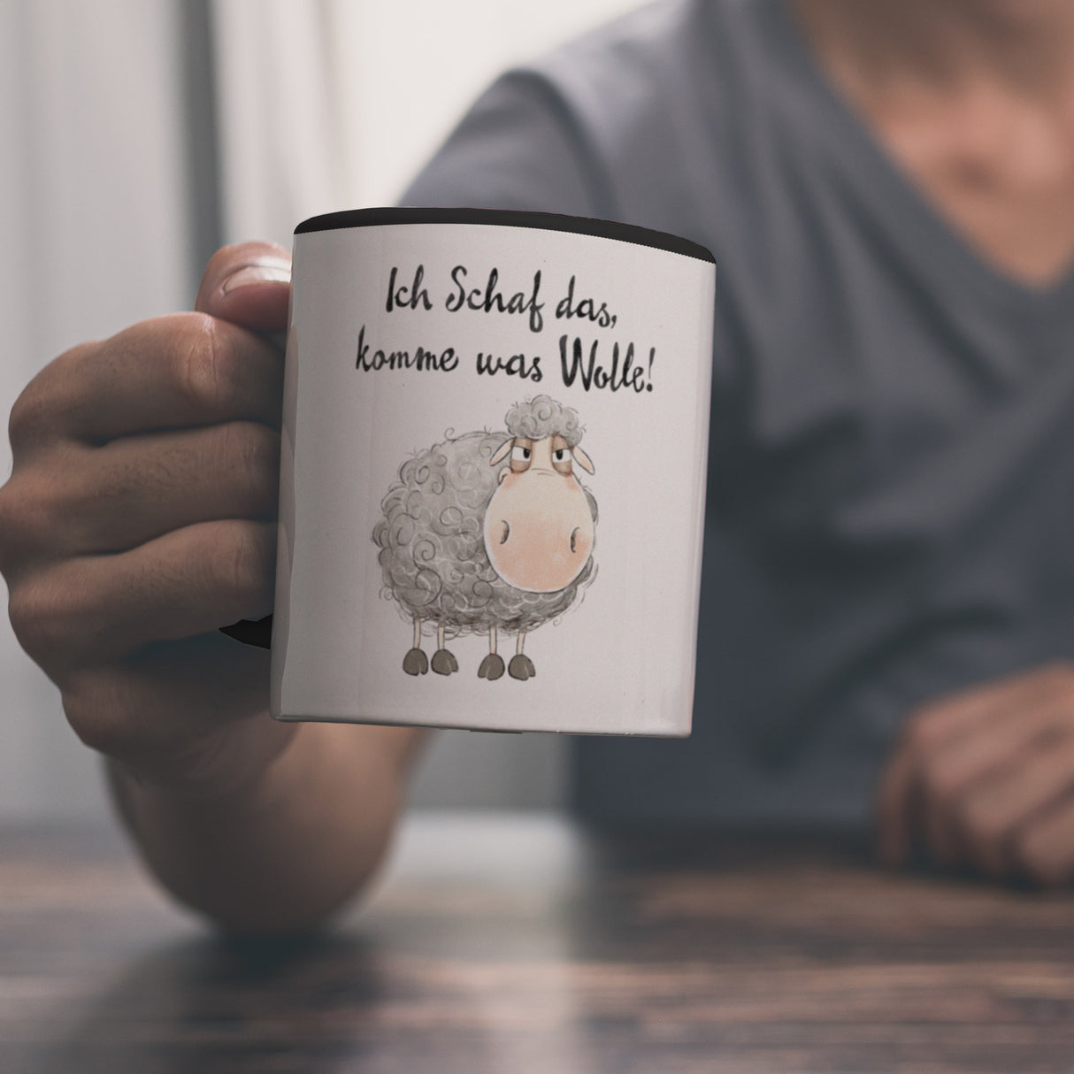 Schaf Kaffeebecher mit Spruch Ich Schaf das komme was Wolle