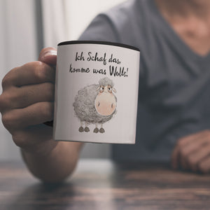 Schaf Kaffeebecher mit Spruch Ich Schaf das komme was Wolle