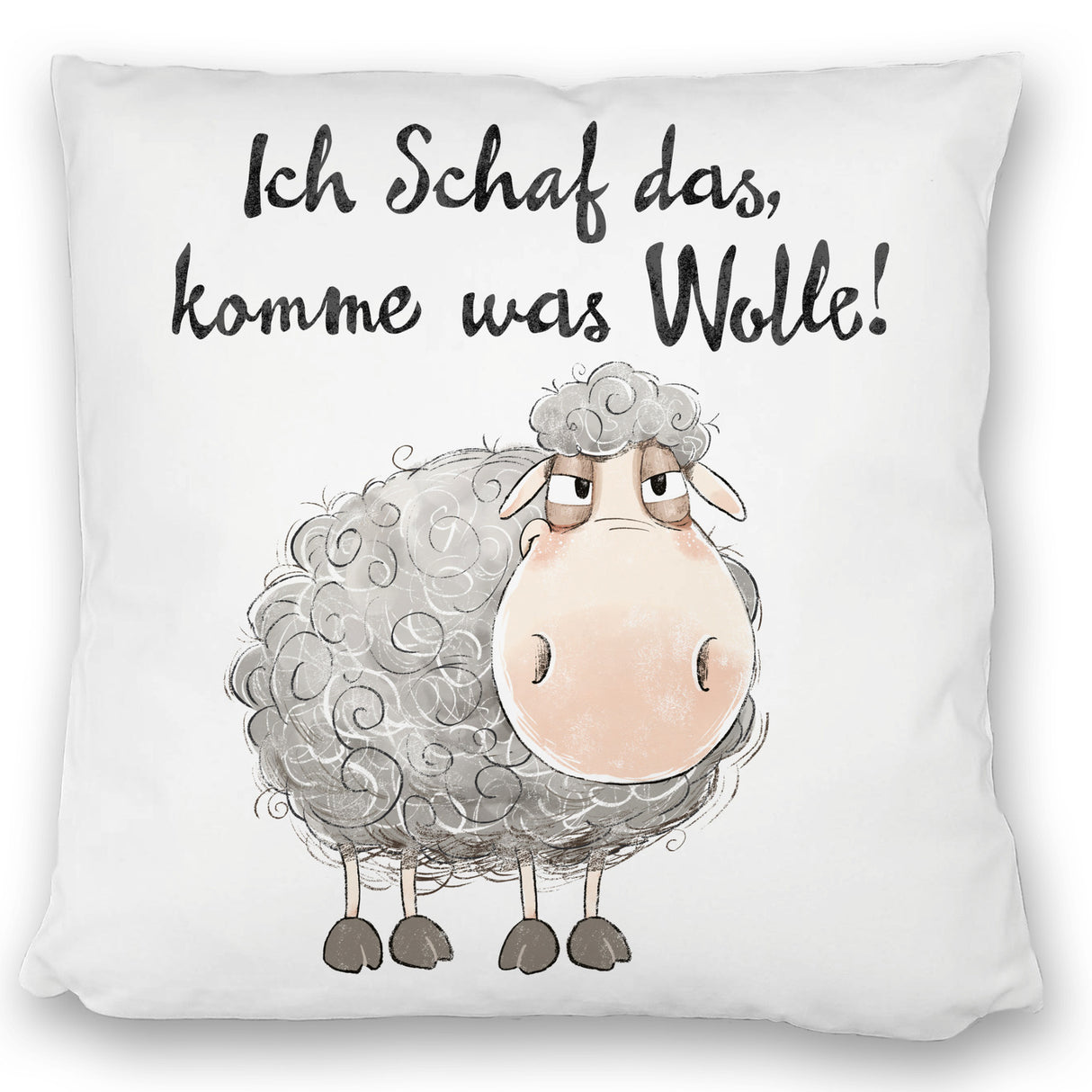 Schaf Kissen mit Spruch Ich Schaf das komme was Wolle