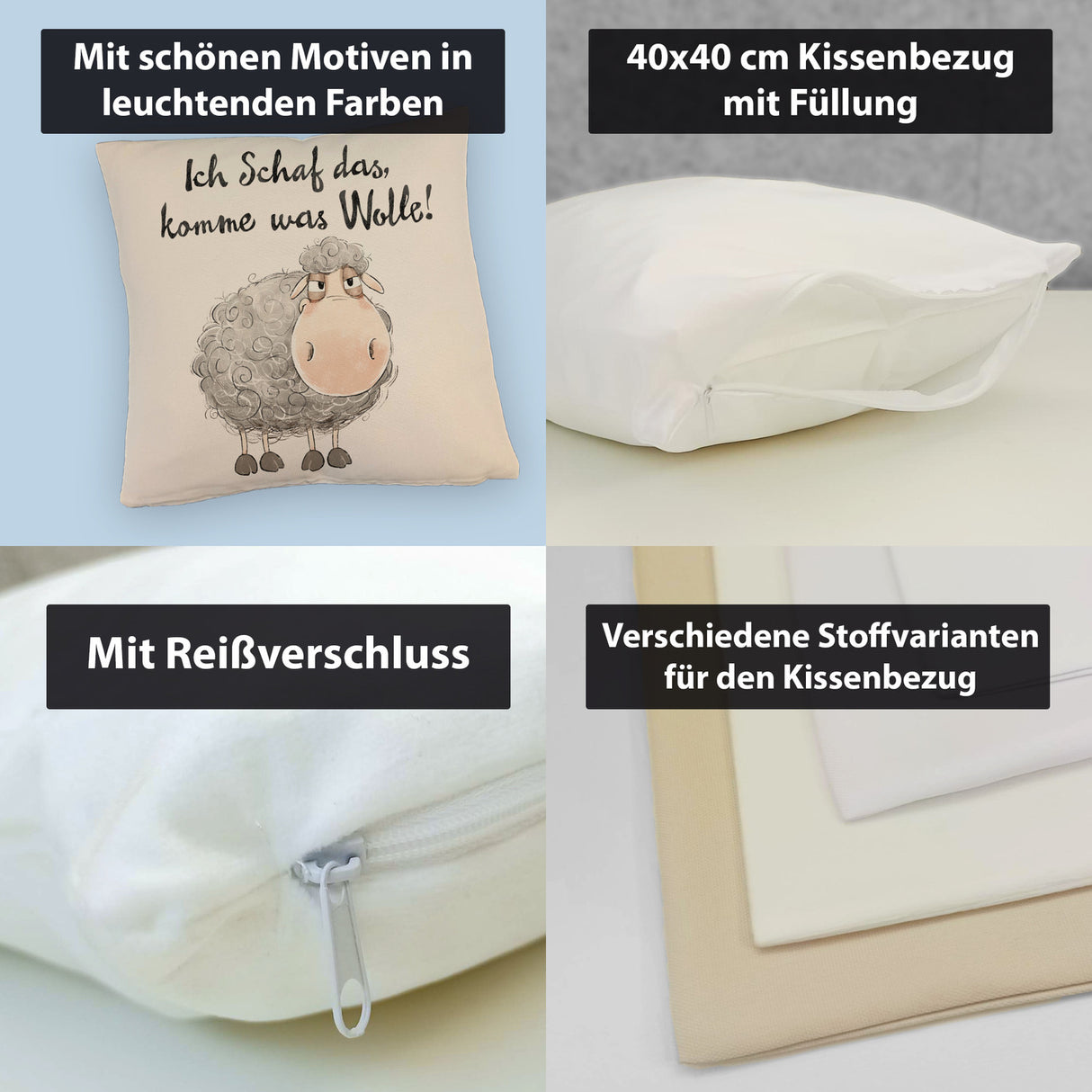 Schaf Kissen mit Spruch Ich Schaf das komme was Wolle