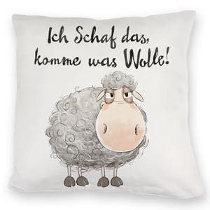 Schaf Kissen mit Spruch Ich Schaf das komme was Wolle