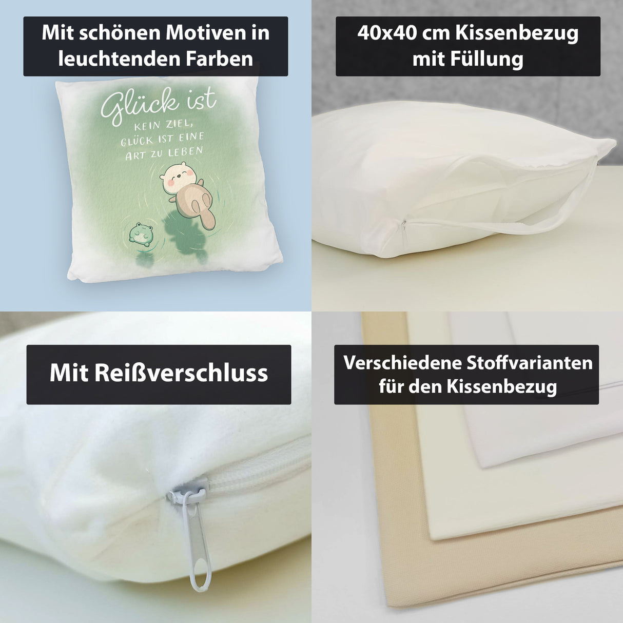 Otter und Frosch Kissen mit Spruch Glück ist Lebensart kein Ziel