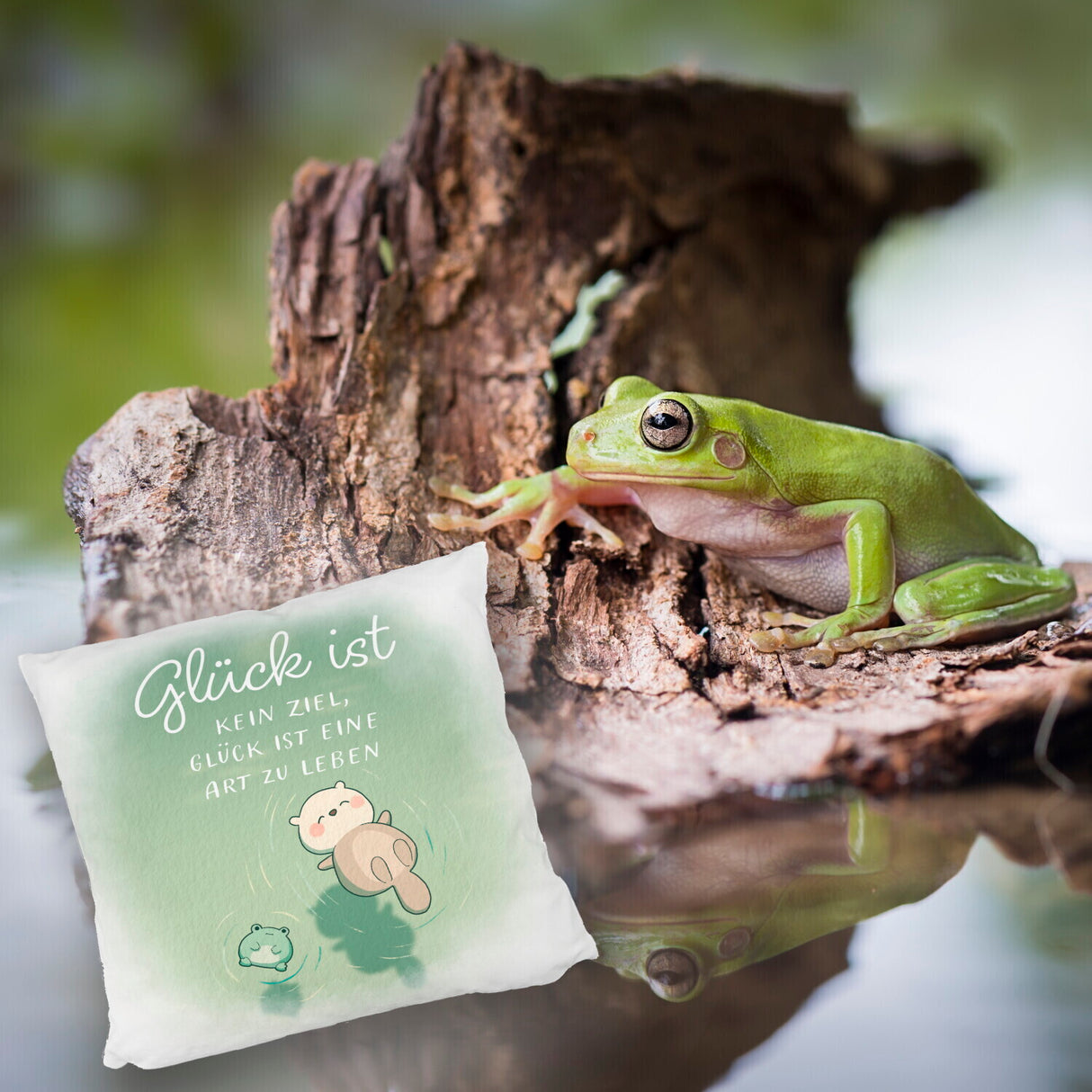 Otter und Frosch Kissen mit Spruch Glück ist Lebensart kein Ziel