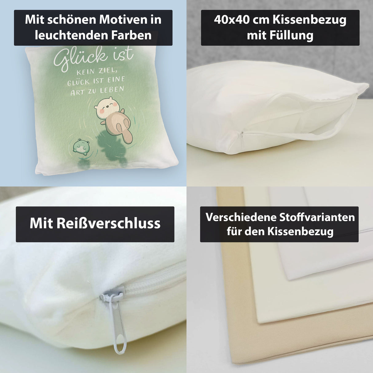 Otter und Frosch Kissen mit Spruch Glück ist Lebensart kein Ziel