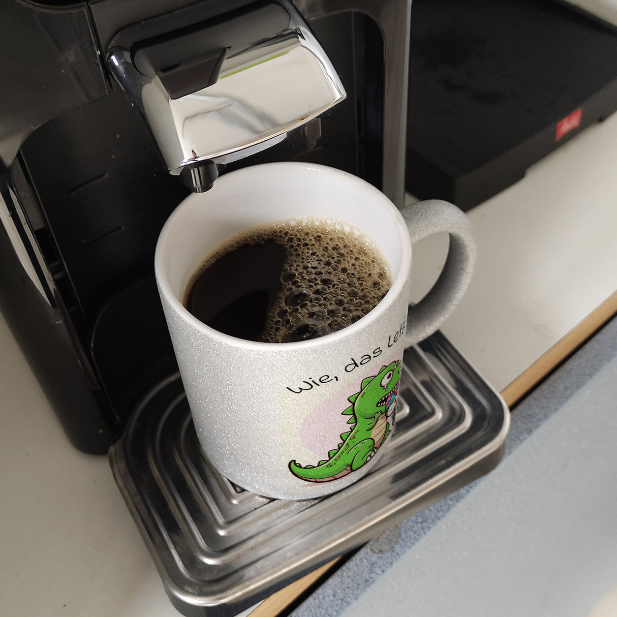 T-Rex Dinosaurier frisst Einhorn Kaffeebecher mit Spruch Wie das Letzte?