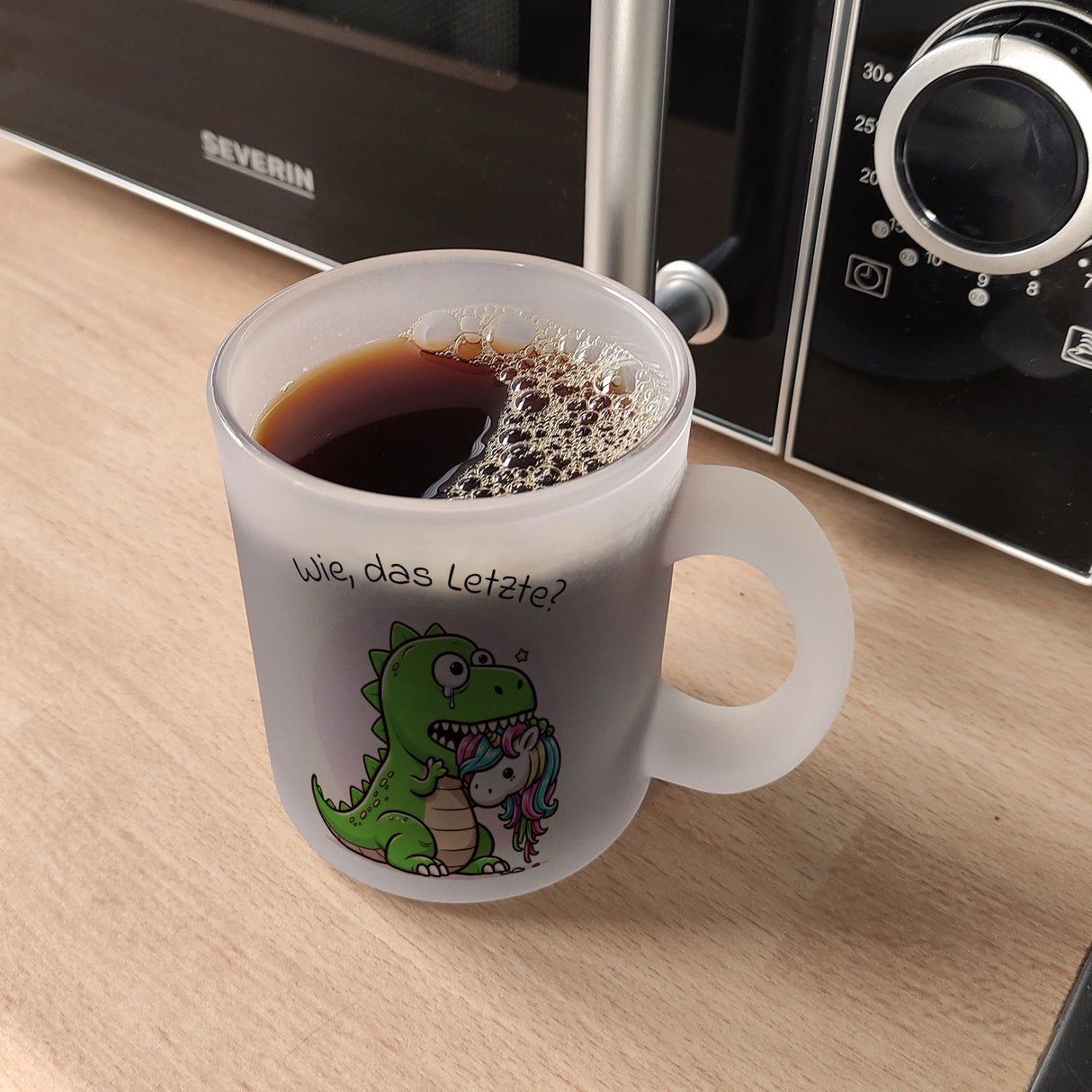 T-Rex Dinosaurier frisst Einhorn Kaffeebecher mit Spruch Wie das Letzte?