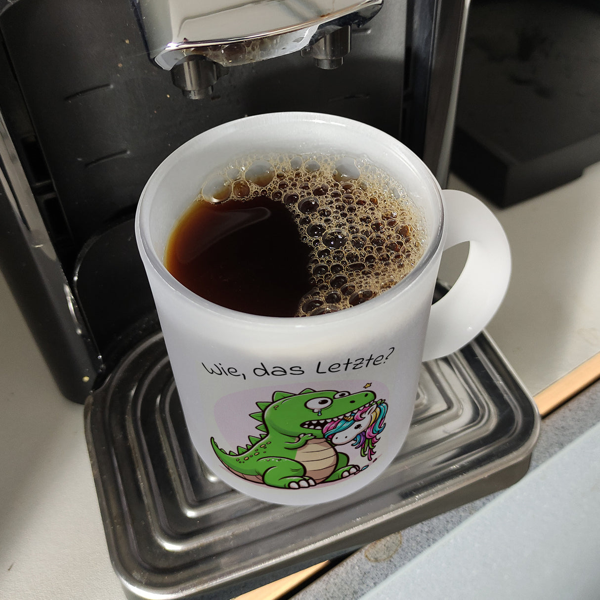 T-Rex Dinosaurier frisst Einhorn Kaffeebecher mit Spruch Wie das Letzte?
