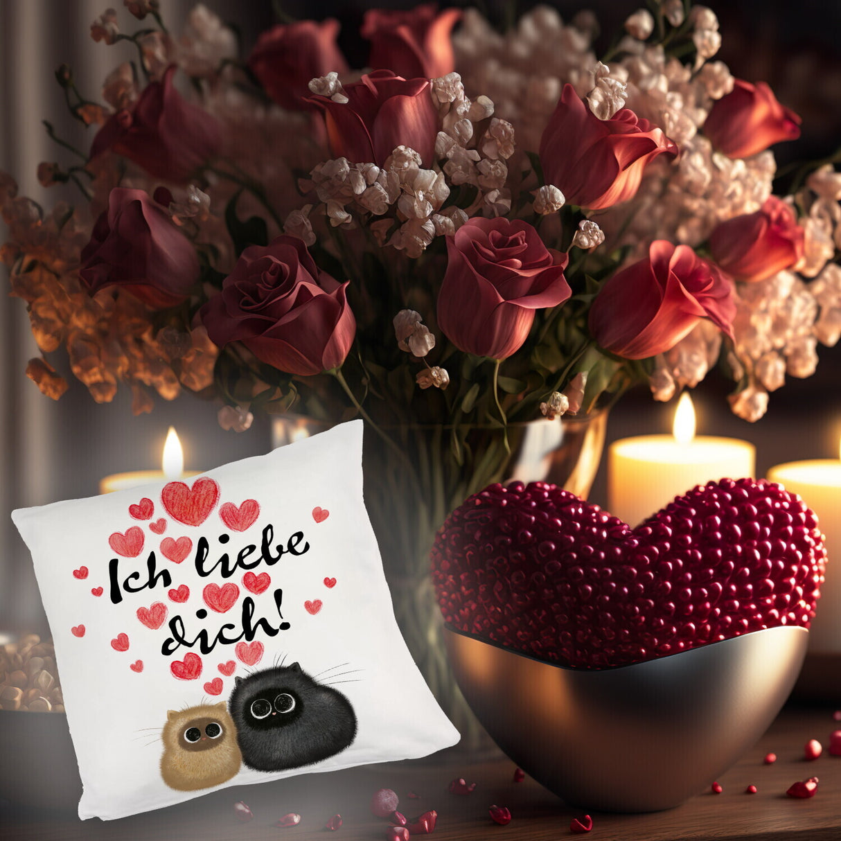 Knuffige Katzen Kissen mit Spruch Ich liebe dich
