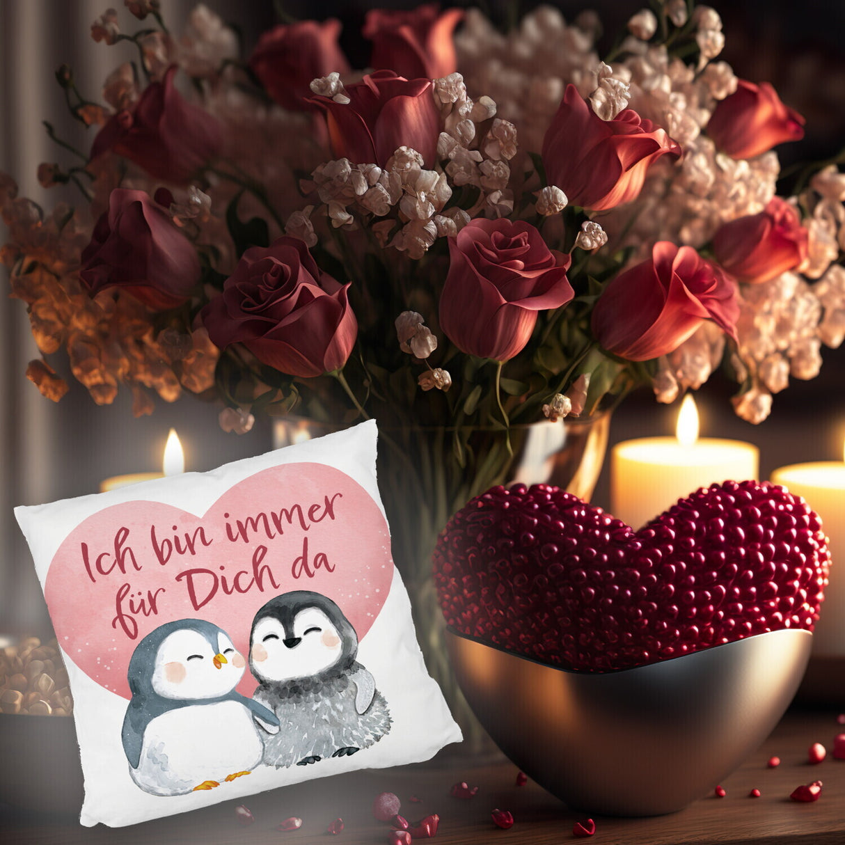 Pinguin Paar Kissen mit Spruch Ich bin immer für dich da