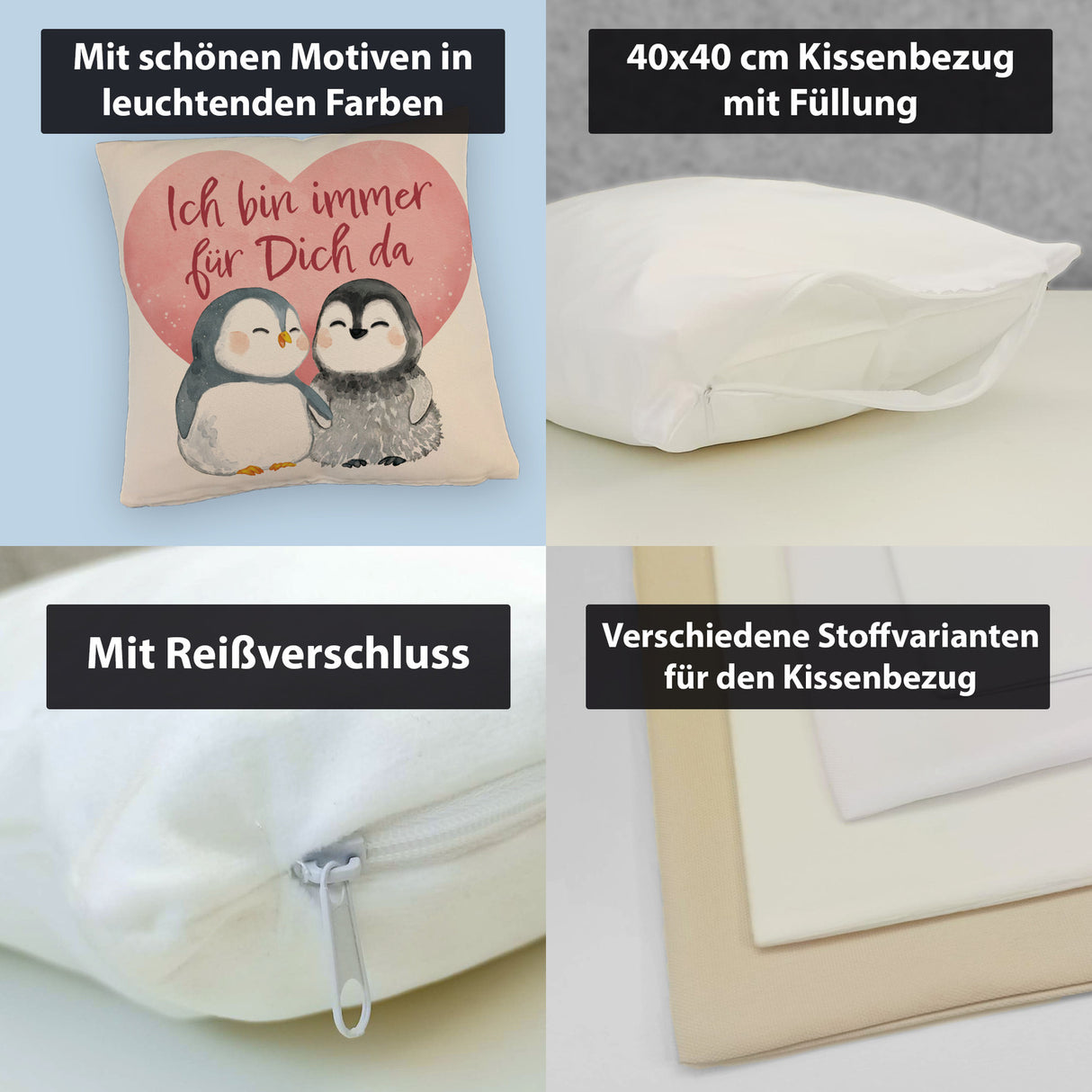 Pinguin Paar Kissen mit Spruch Ich bin immer für dich da