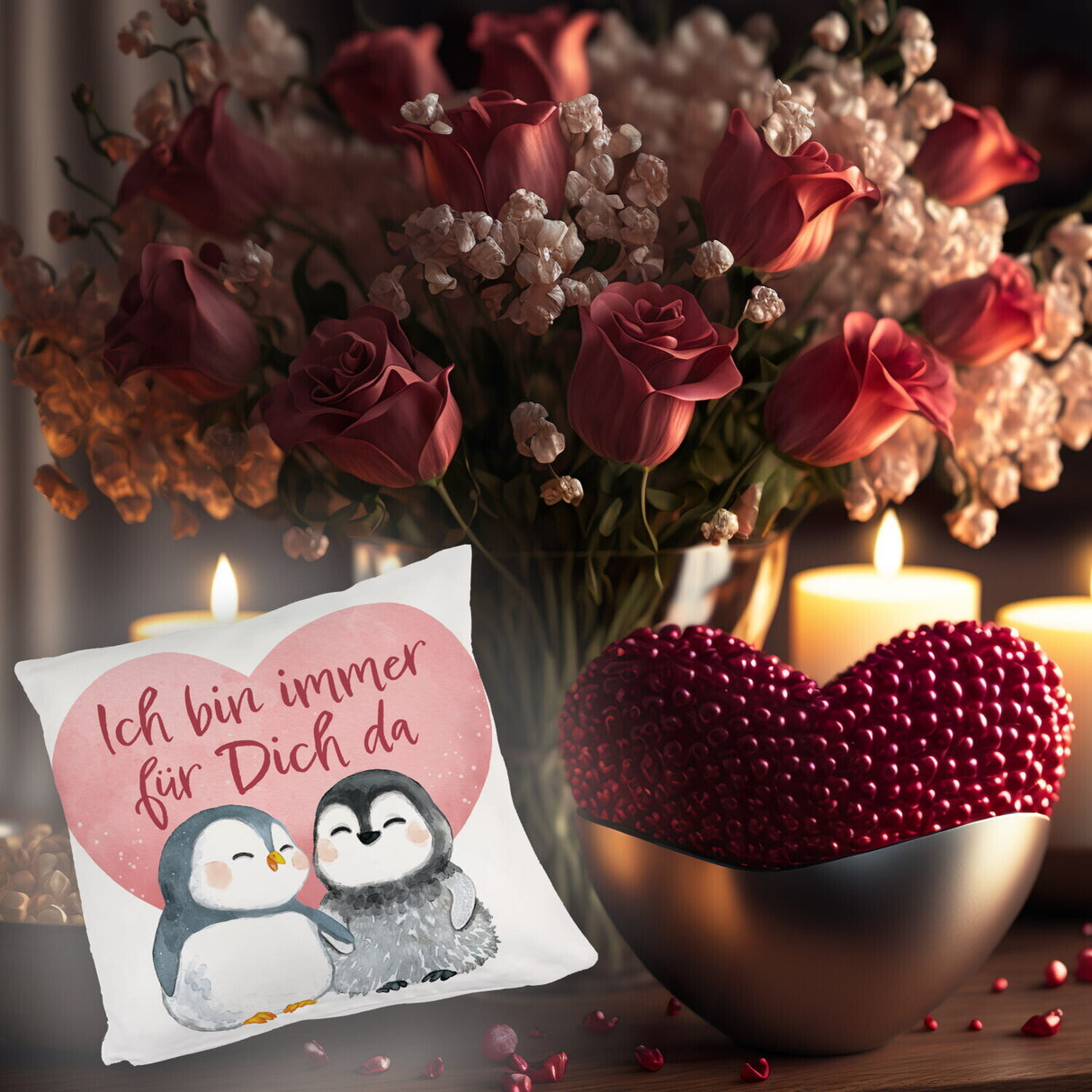 Pinguin Paar Kissen mit Spruch Ich bin immer für dich da
