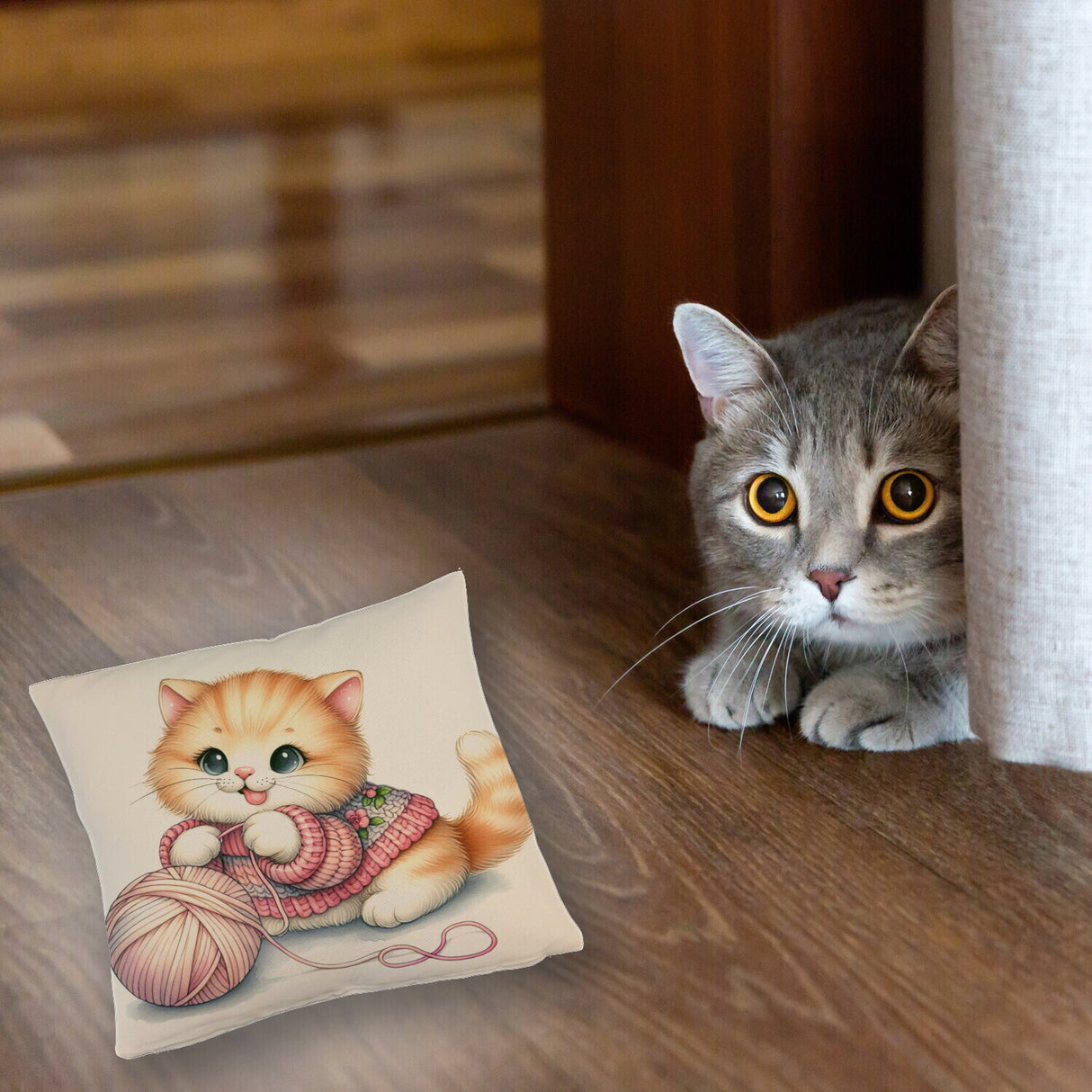Katzenbaby mit Wollknäuel Kissen