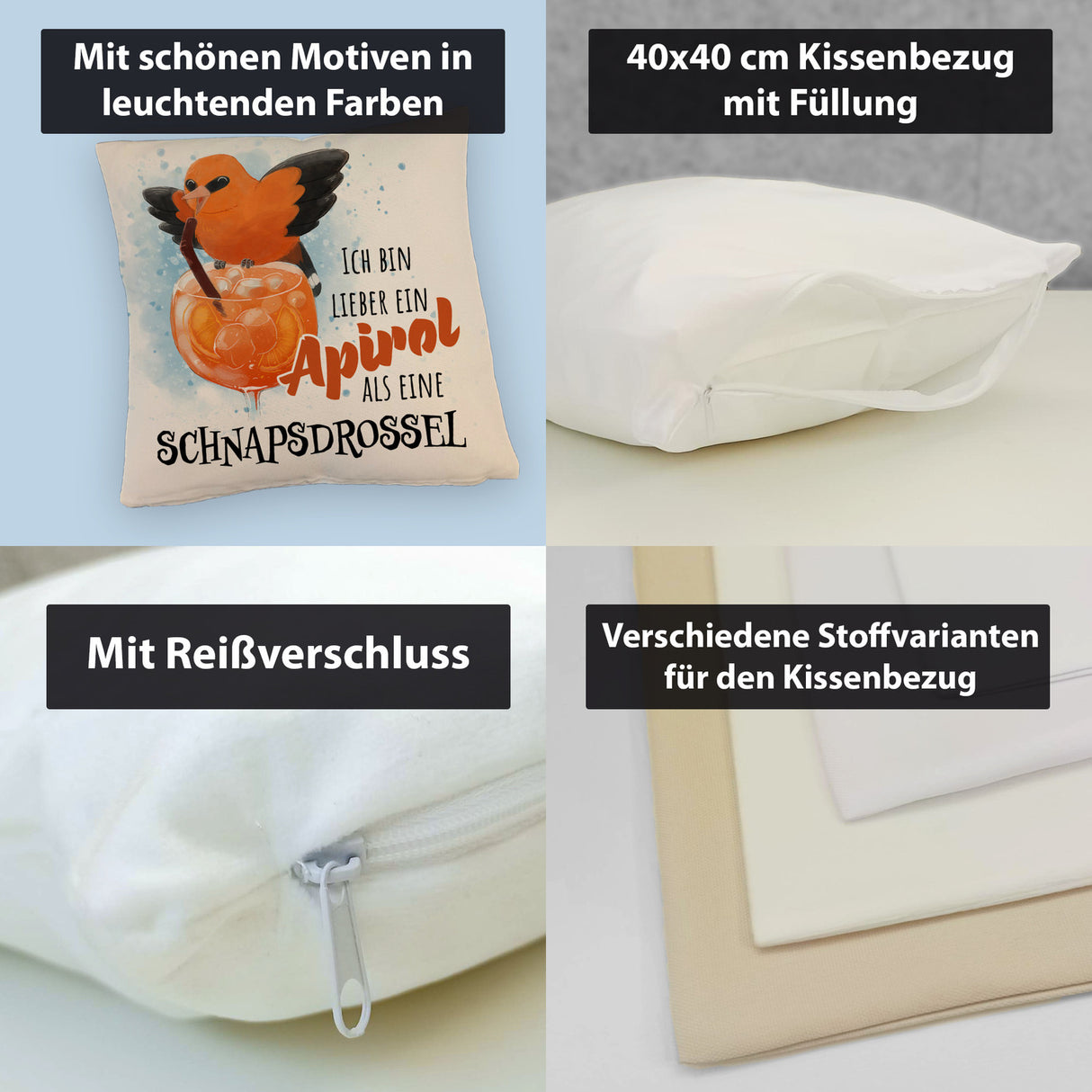 Cocktail Vogel Pirol Kissen mit Spruch Lieber Apirol als Schnapsdrossel