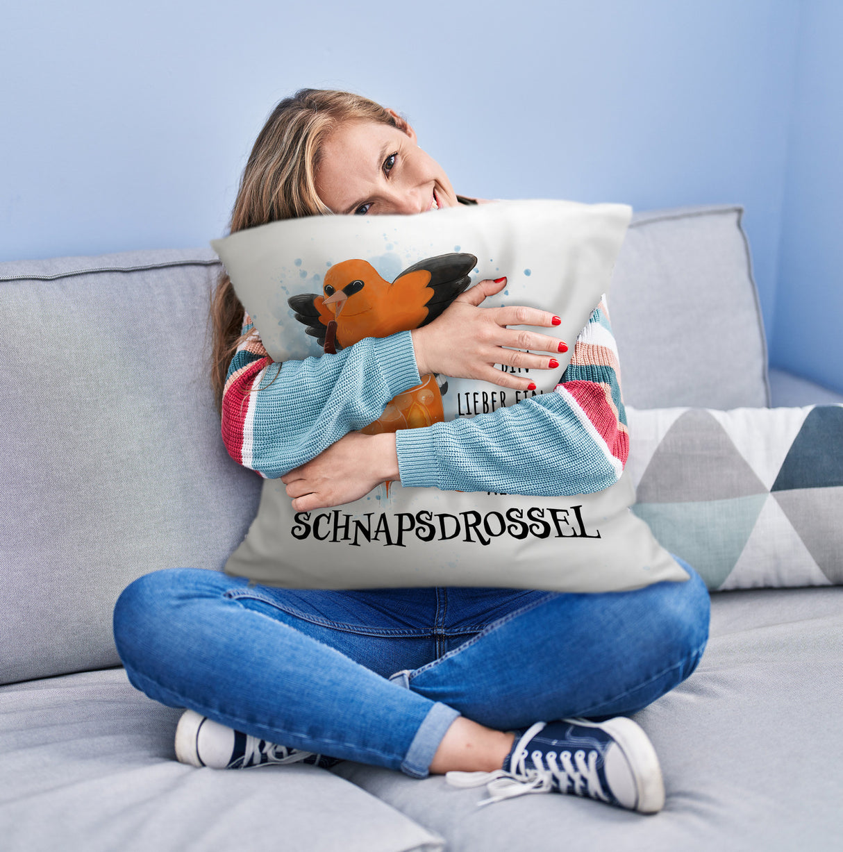 Cocktail Vogel Pirol Kissen mit Spruch Lieber Apirol als Schnapsdrossel